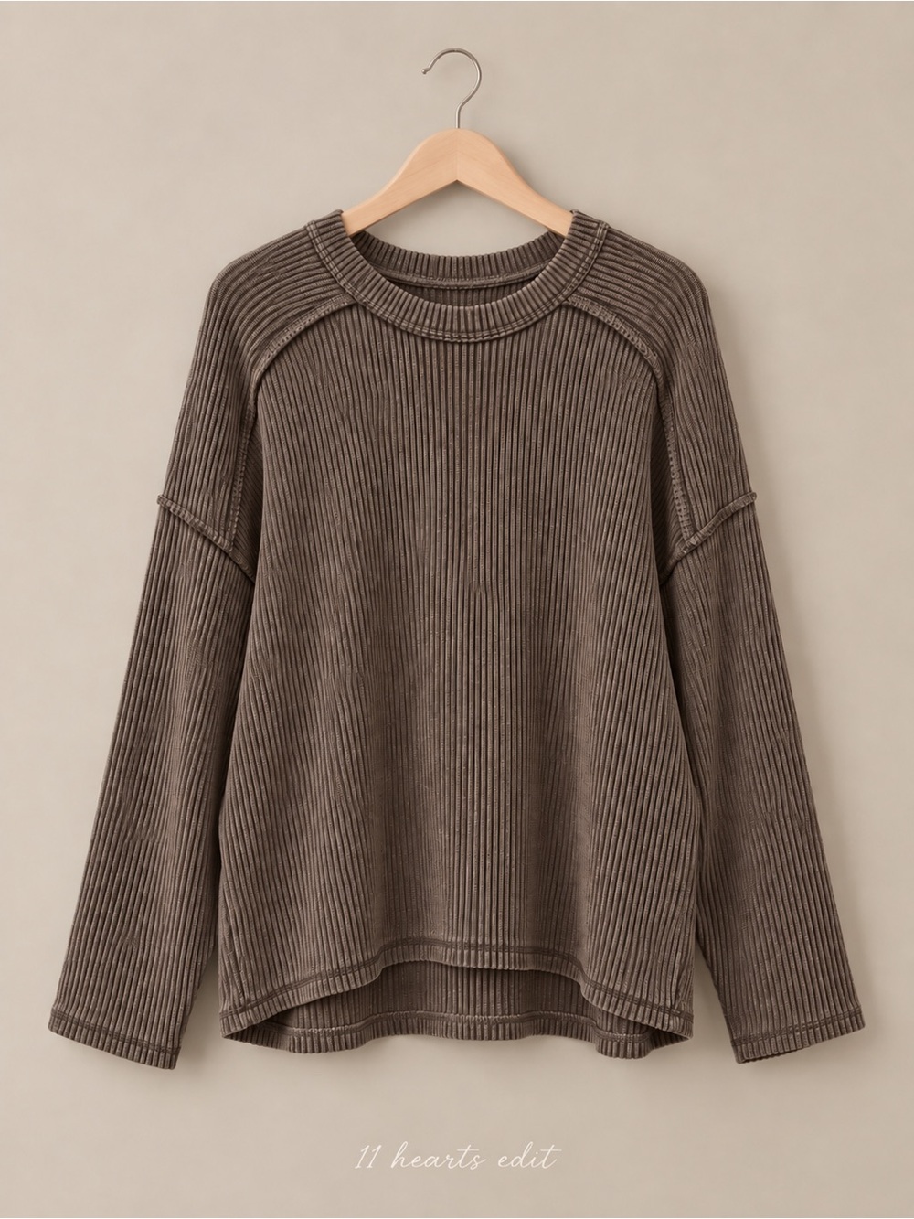 Zenana Raised Rib Raw Edge Boat Neck Long Sleeve Top Brown S/M